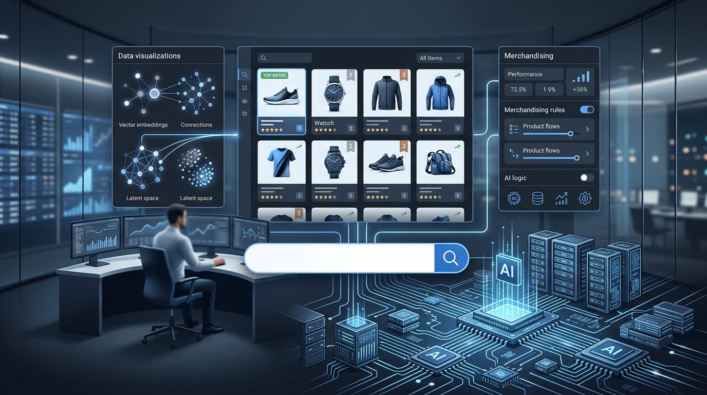 Merchant-controlled ecommerce search interface and ranking infrastructure replacing a generic platform-owned relevance engine