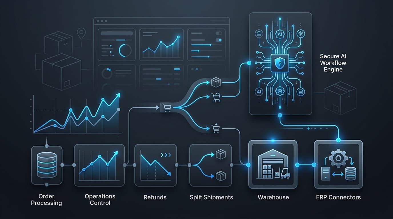 AI order-exception management control layer connecting ecommerce storefront, OMS, WMS, ERP, and support workflows
