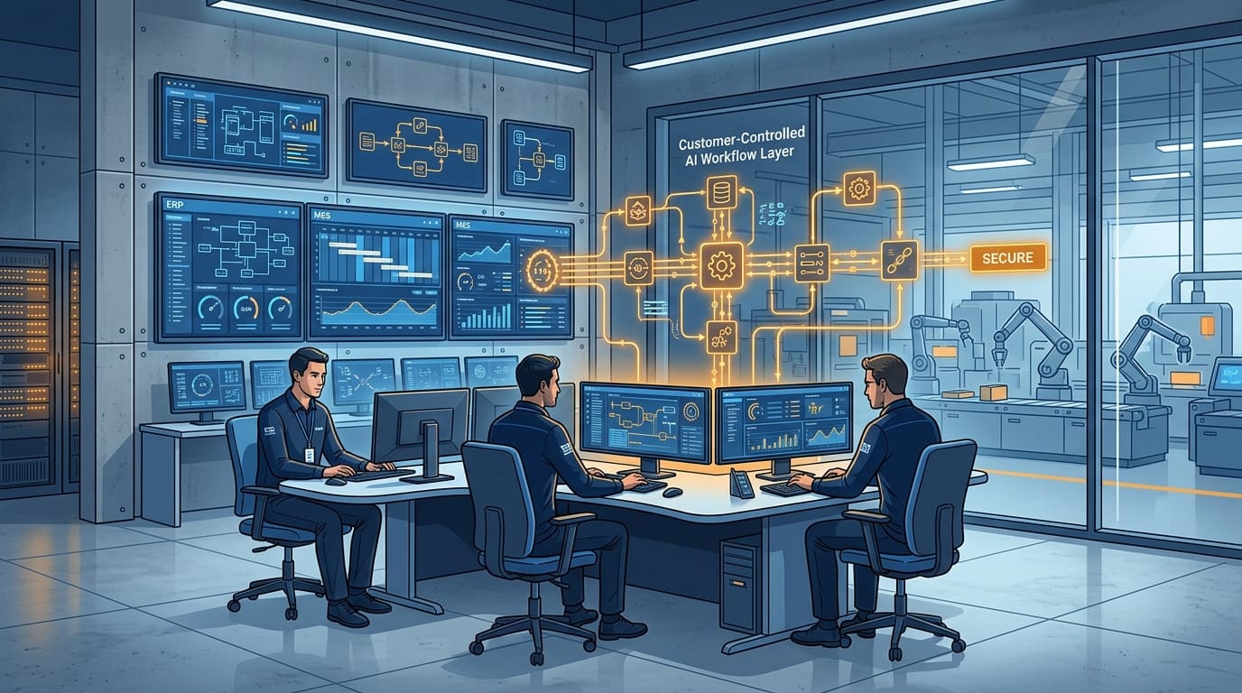 On-prem AI workflow layer connected to European manufacturing systems in a secure industrial environment