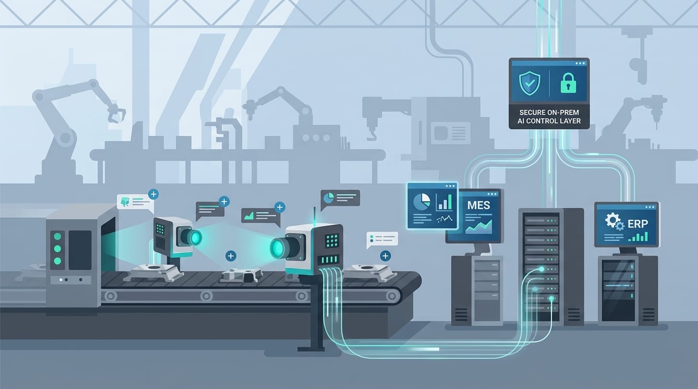 On-prem AI manufacturing quality-control workflow connecting inspection systems, MES, ERP, and plant operations