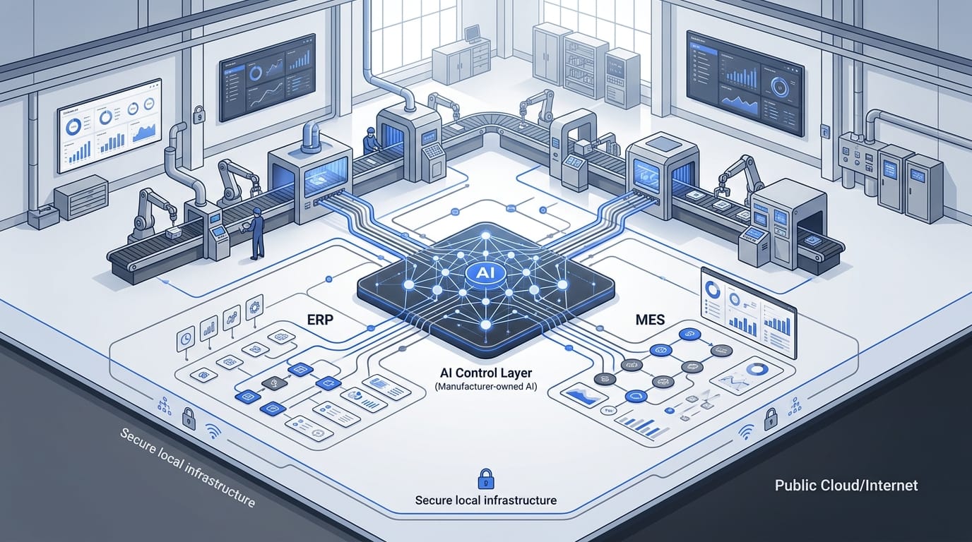 Factory operations workflow connected to manufacturer-owned on-prem AI agents across ERP and MES systems