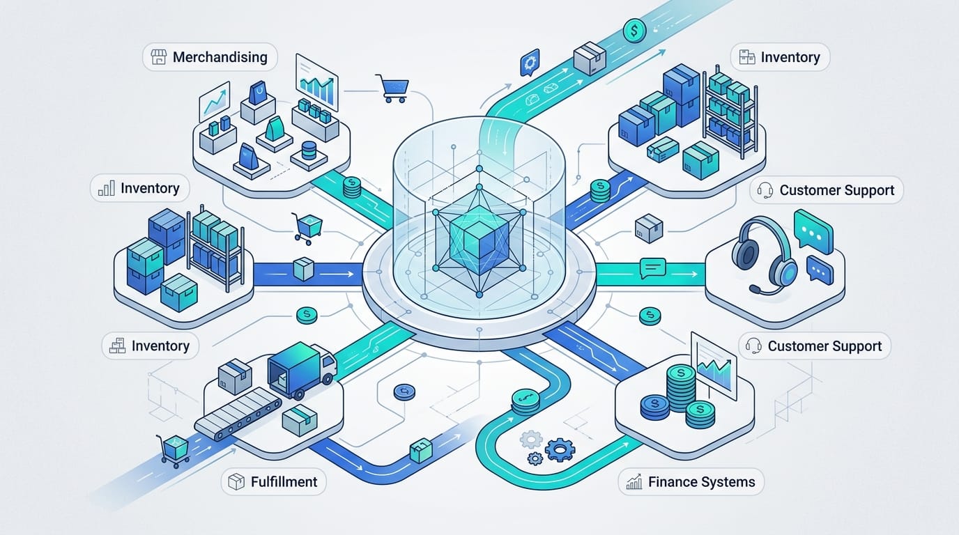 Agentic commerce execution layer connecting merchandising, inventory, support, fulfillment, and finance workflows