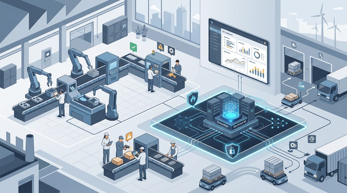 Sovereign on-prem AI execution layer connecting manufacturing ERP, MES, quality, maintenance, supplier, and finance workflows