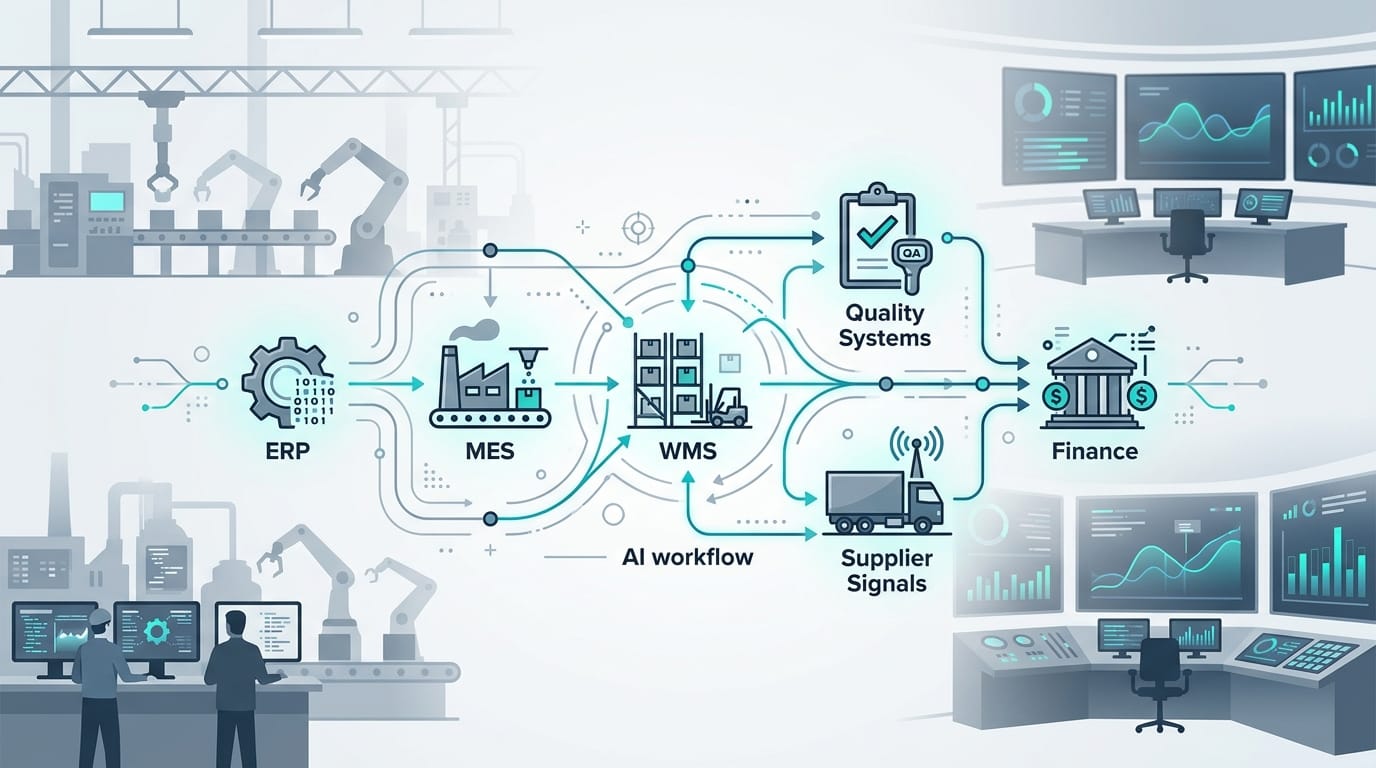 Manufacturing AI execution layer across ERP, MES, quality, supplier, and finance systems
