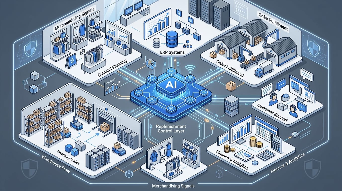 Retailer-owned AI replenishment control layer connecting planning, inventory, fulfillment, support, and finance