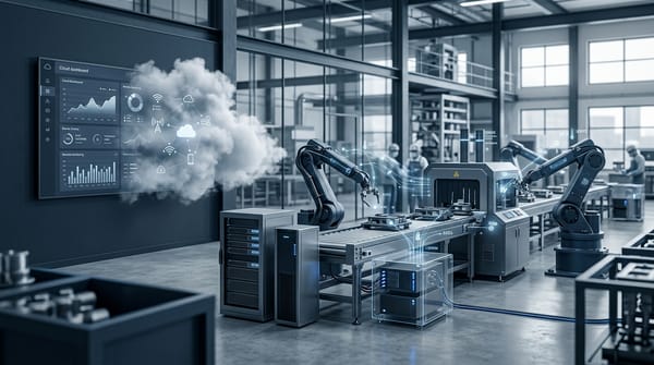 Industrial maintenance team and machinery transitioning from cloud dashboards to factory-edge AI infrastructure