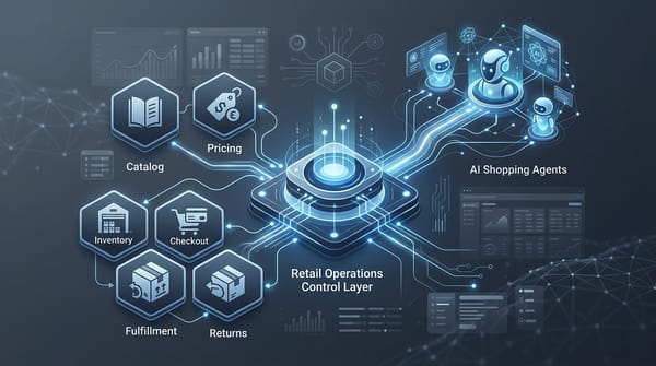 Retail AI control layer connecting catalog, pricing, inventory, checkout, and fulfillment systems to shopping agents