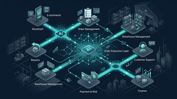 Ecommerce AI order execution layer across storefront, OMS, warehouse, support, returns, and finance systems
