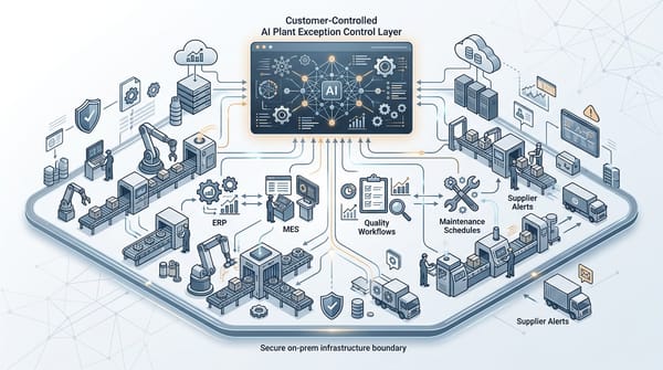 AI plant exception control layer connecting manufacturing ERP, MES, quality, maintenance, supplier, and finance workflows