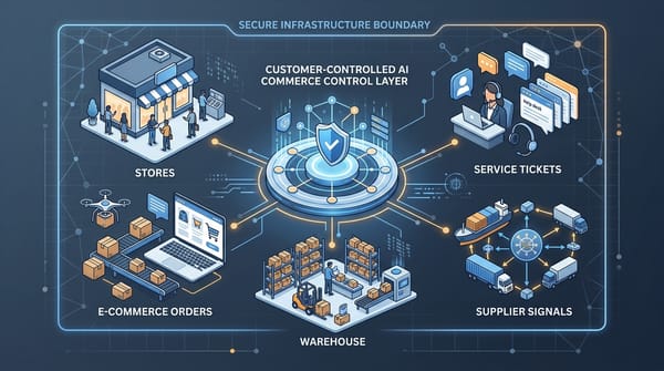 AI commerce control layer connecting retail ERP, OMS, WMS, service, supplier, and finance workflows