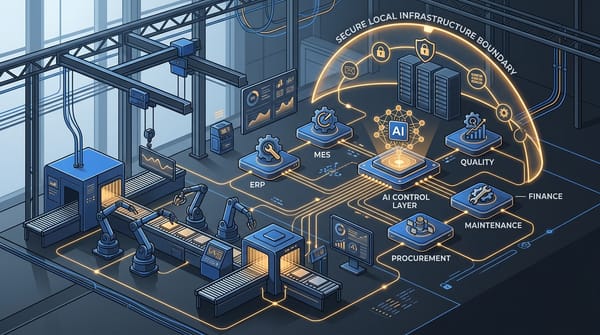 Manufacturer-owned on-prem AI execution layer connecting ERP and plant systems